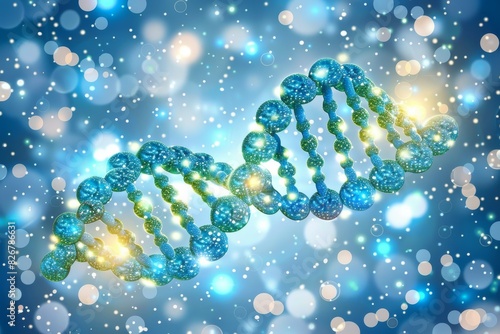 Twinkling blue and green DNA molecules amidst snowy particles represent the intersection of genetics with nanotechnology