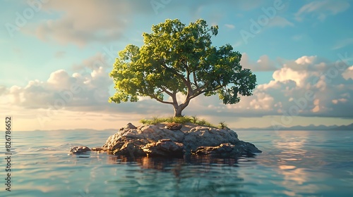 Landscape view of a desert island with a single tree photo