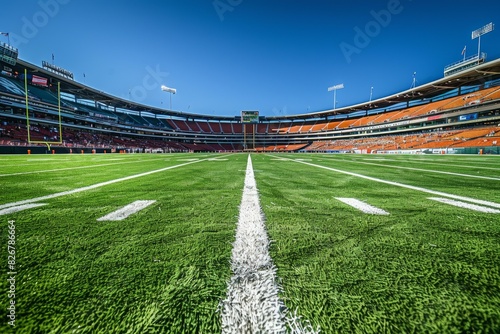 Vibrant view from the center of an empty football stadium, showcasing the field and seating
