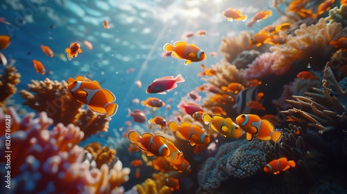 Landscape view of a coral reef with colorful fish