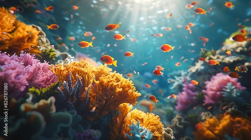 Landscape view of a coral reef teeming with marine life