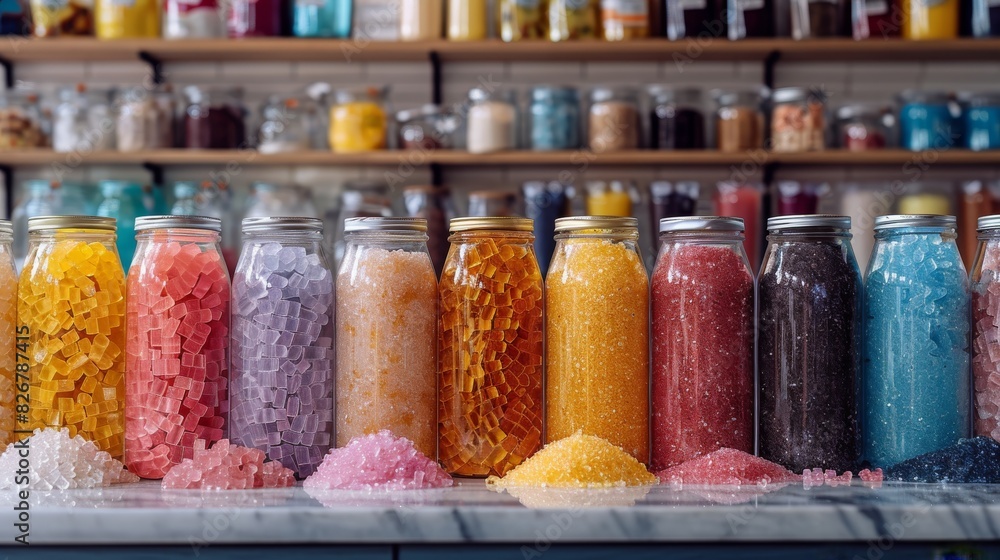 Glass jars filled with colorful sugar crystals on a countertop in a candy store Glass jars filled with colorful sugar crystals on a countertop in a candy store