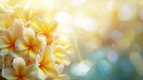 Yellow and white plumeria flowers with bokeh background in sunlight