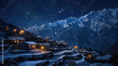 Scenic view of a small village at night with a starry sky above the snow covered Himalayan Mountains