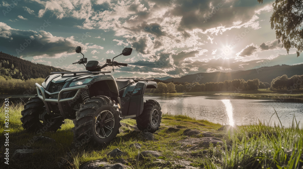All-terrain vehicle parked by a scenic lake during a cloudy sunset