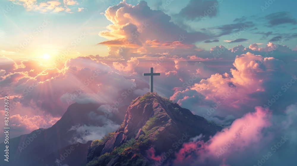 Christian cross on mountain peak surrounded by dramatic clouds during sunset with vibrant sky Christian cross on mountain peak surrounded by dramatic clouds during sunset with vibrant sky