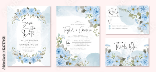 wedding invitation set with light soft blue floral watercolor frame
