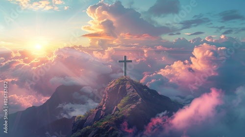 Christian cross on mountain peak surrounded by dramatic clouds during sunset with vibrant sky photo