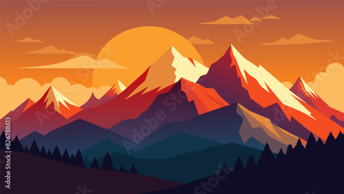 A sunrise over a snowy mountain range the warm colors of the sky juxtaposed with the coldness of the landscape symbolizing hope and despair.. Vector illustration