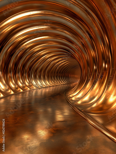 Tunnel als futuristischer Hintergrund in leuchtenden gold Farben mit Chrom f  r Webdesign und Druckvorlage