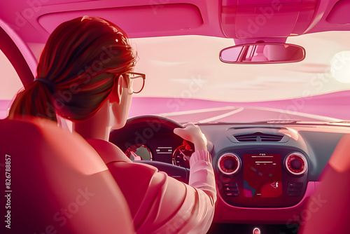 Woman driving a car with focus on the steering wheel and dashboard, portrayed in a pink-toned interior. photo