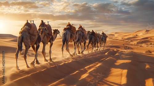 Landscape view of a caravan of camels crossing the sand photo