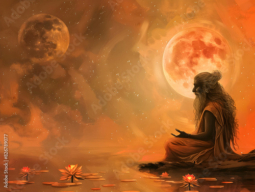 Enchanting landscape depicting an ancient wise man in deep meditation by water, surrounded by celestial bodies and glowing lotuses.