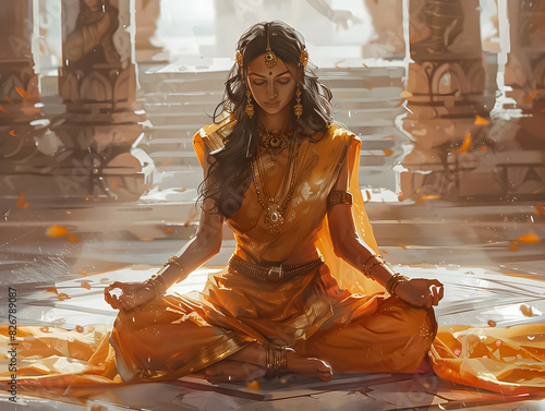 Peaceful meditation in a traditional setting, featuring a woman in an ornate saree, with a backdrop of softly lit temple pillars.