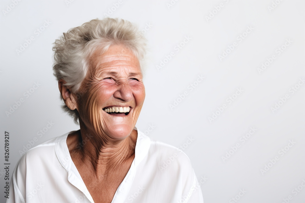 A joyful elderly woman with white hair is genuinely laughing, her eyes cheerfully crinkled and head tilted back slightly, showcasing a moment of happiness - Generative AI A joyful elderly woman with white hair is genuinely laughing, her eyes cheerfully crinkled and head tilted back slightly, showcasing a moment of happiness - Generative AI