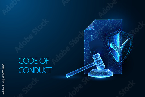 Futuristic code of conduct, corporate govenrnace concept with document, gavel, and shield