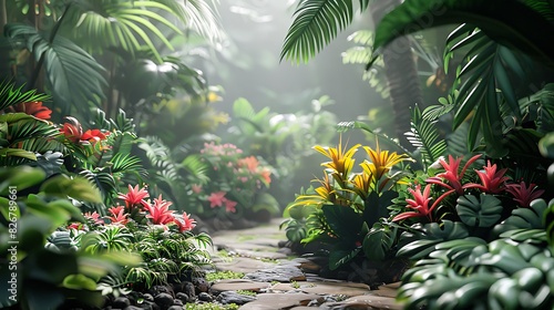 Landscape view of a botanical garden with tropical plants