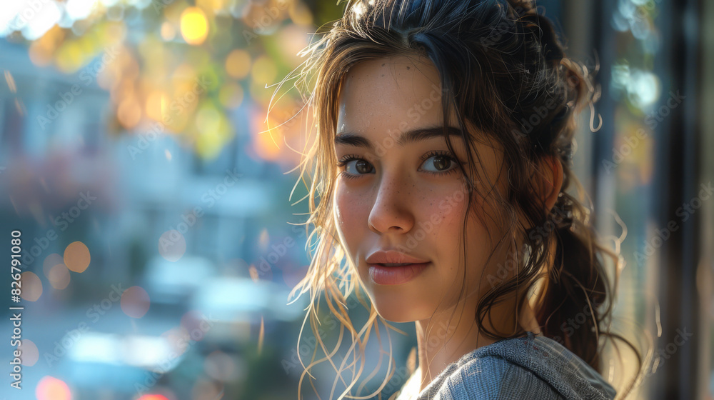 Portrait of a young woman of Asian appearance stands near a glass window. Beautiful woman stands indoors on a sunny day. Lifestyle concept. Portrait of a young woman of Asian appearance stands near a glass window. Beautiful woman stands indoors on a sunny day. Lifestyle concept.