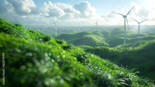 Fresh view of wind turbines on a grassy hill