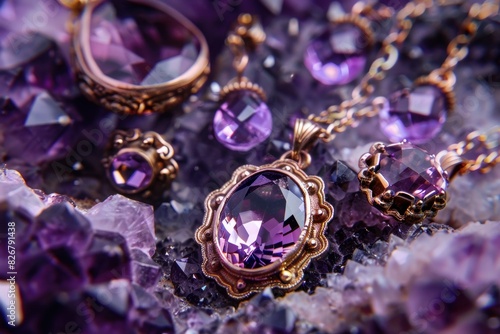 Elegant antique amethyst jewelry set on a sparkling amethyst crystal background
