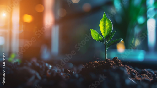 Close-up of a young green sprout in the ground. Growth Marketing. A young plant sprouted in the ground. Concept of business, growth. photo