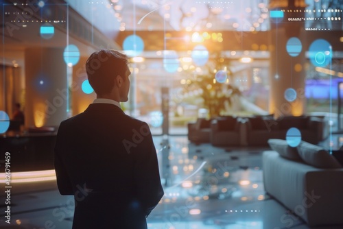 Futuristic Concept: Hotel manager with guest experience management software, in hotel lobby, guest preferences and service feedback visualized. Hospitality tech, guest analytics. , background blur 