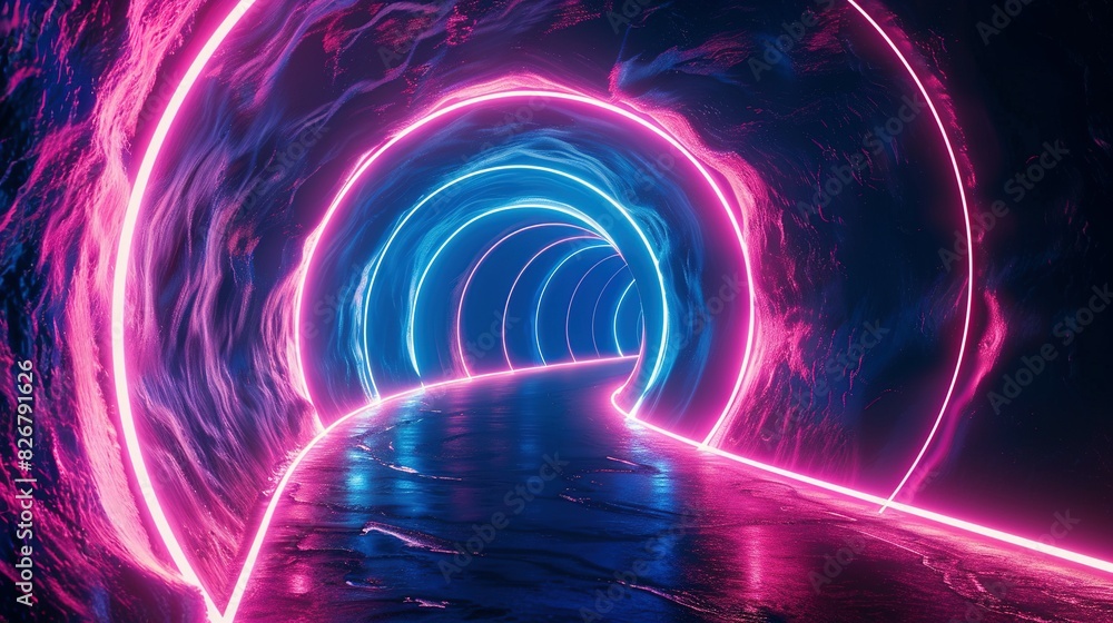 Neon Arches and Swirls: Pink and Blue on Black Background Neon Arches and Swirls: Pink and Blue on Black Background