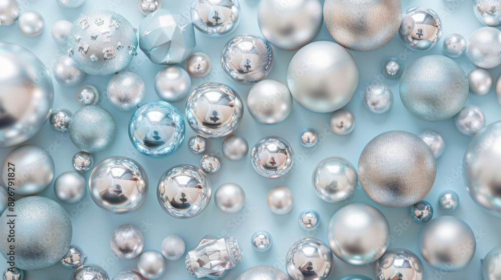 A collection of shiny silver and blue Christmas ornaments A collection of shiny silver and blue Christmas ornaments
