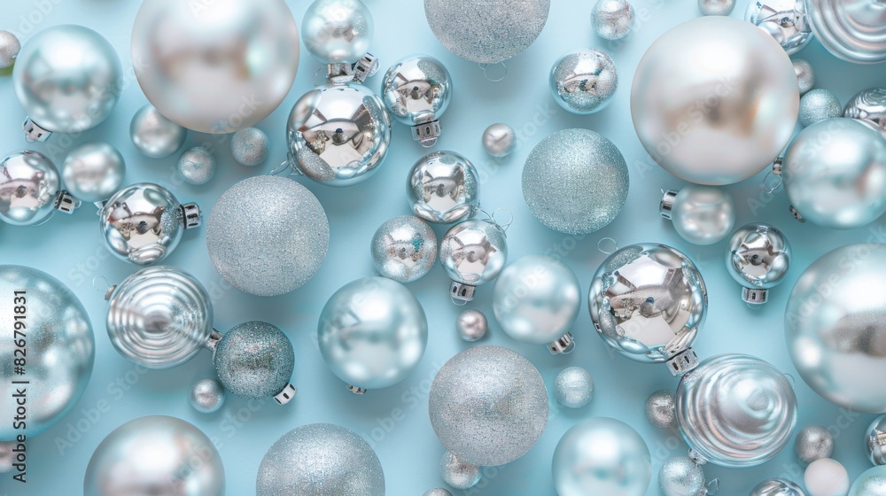 A collection of shiny silver and blue Christmas ornaments A collection of shiny silver and blue Christmas ornaments