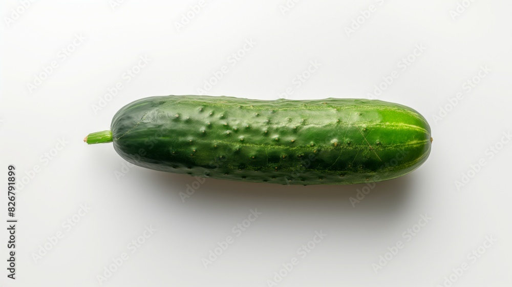 A fresh green cucumber with a glossy wet look perfectly centered on a clean white background in a close-up A fresh green cucumber with a glossy wet look perfectly centered on a clean white background in a close-up