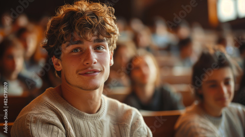 Portrait of a young man in a student audience sitting at a table at a lecture. Smiling student on a couple at the university. Communication and learning concept. © Alina Tymofieieva