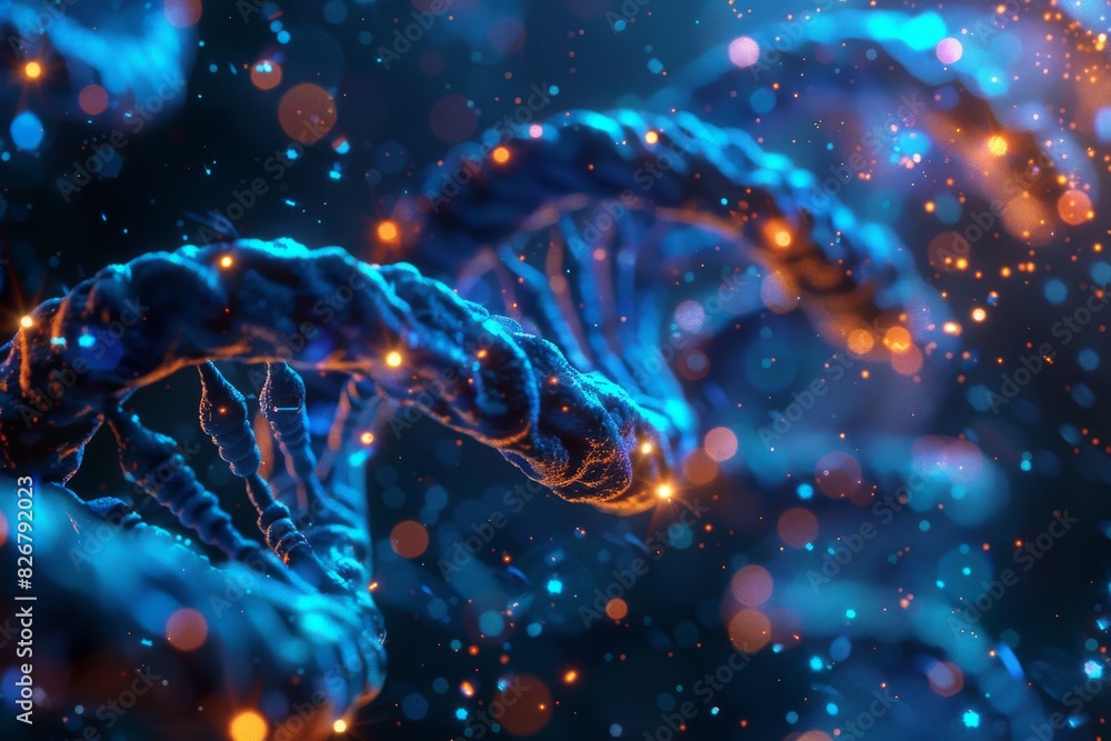 Vibrant DNA helix with fiery orange nodes against a starry background signifies the heat of genetic innovation and discovery Vibrant DNA helix with fiery orange nodes against a starry background signifies the heat of genetic innovation and discovery