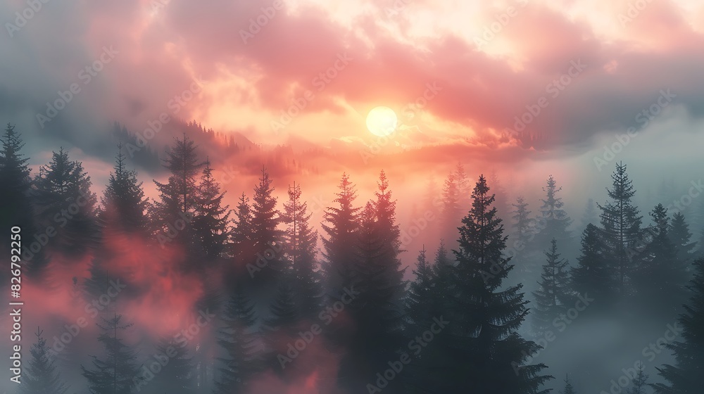 Fresh view of sunrise over a foggy forest