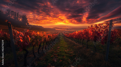 sunset in the field, photo wallpapers, vineyard lines, autumn, sunrise
