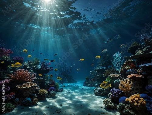 a fish swims over a coral reef with a sun rays