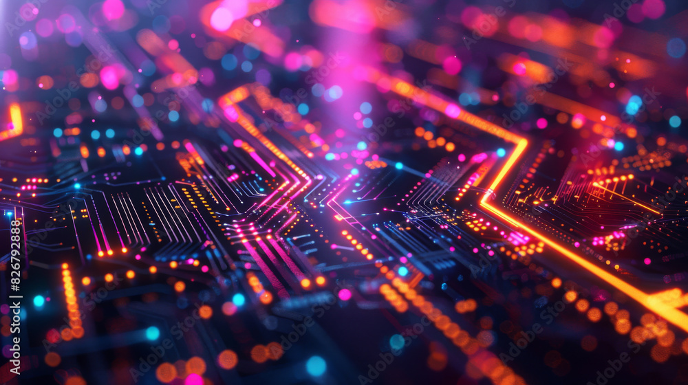 A vibrant and futuristic illustration of a circuit board with glowing lights, showcasing advanced technology and electronics. A vibrant and futuristic illustration of a circuit board with glowing lights, showcasing advanced technology and electronics.