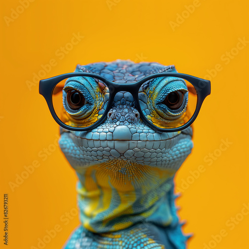 passport size photo of a lizard with glasses, on yellow background photo