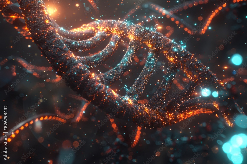 Fiery DNA strands amidst cosmic dust evoke the birth of genetic material in a universe of possibilities Fiery DNA strands amidst cosmic dust evoke the birth of genetic material in a universe of possibilities