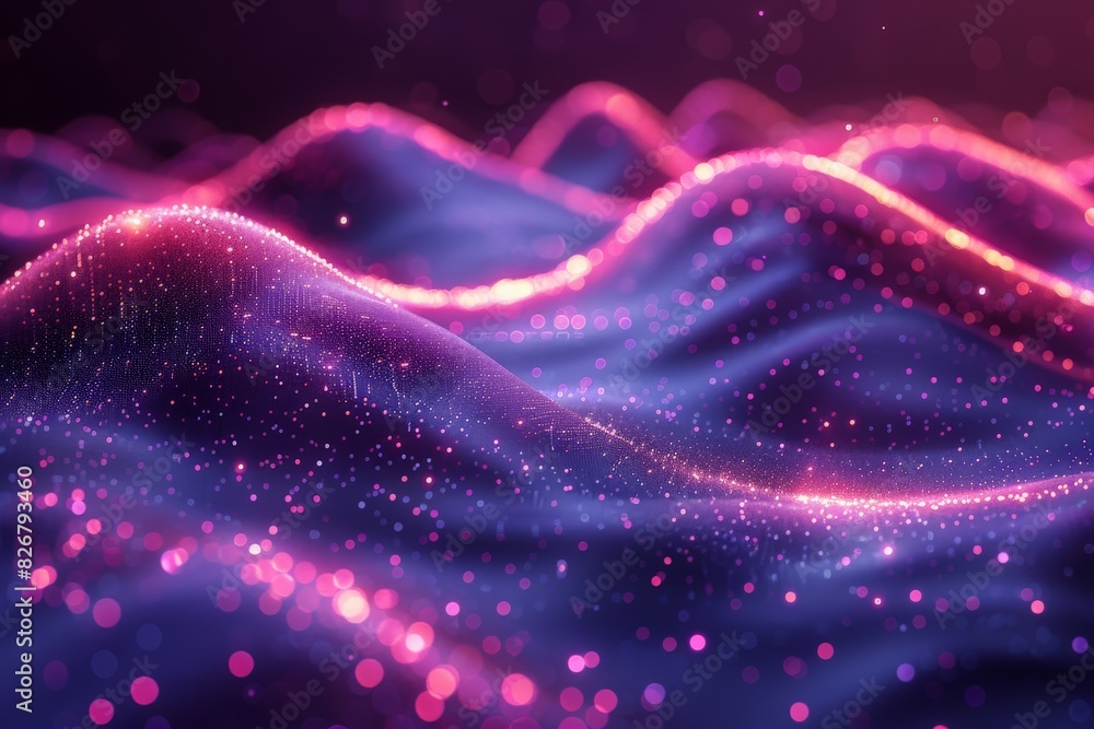 The image illustrates an artistic interpretation of vibrant waves, rendered with glowing particles and pink highlights on a dark background The image illustrates an artistic interpretation of vibrant waves, rendered with glowing particles and pink highlights on a dark background