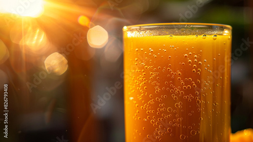 A single ray of sunlight illuminating a glass of mango juice, highlighting the vibrant color and tiny bubbles.