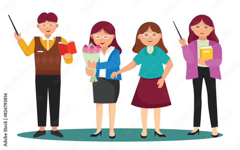 Obraz premium Set of man and female school teacher in various poses Cartoon flat illustration