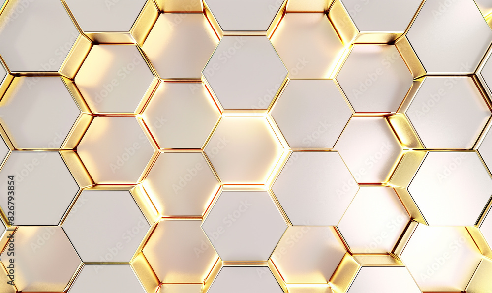 Gold and white hexagonal pattern background. 3D abstract honeycomb pattern of gold and white hexagons, creating a modern and luxurious geometric texture.. Gold and white hexagonal pattern background. 3D abstract honeycomb pattern of gold and white hexagons, creating a modern and luxurious geometric texture..