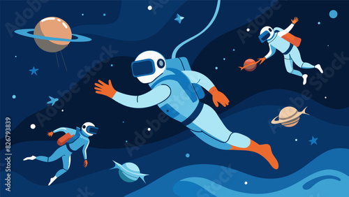 In the immersive underwater world of VR astronauts practice their swimming and diving skills adapting to the unique challenges of moving in a zero. Vector illustration