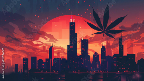 Marijuana leaf with red Chicago cityscape in the background. Logo or background for Illinois based cannabis products company. photo