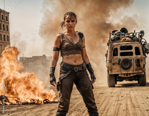 Woman by military vehicle in desert under clear sky