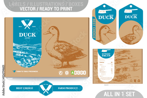 Duck meat packaging design set featuring detailed hand drawn illustrations, accents and informative labels. Perfect for farms, butchers, and supermarkets seeking a high-quality meat 