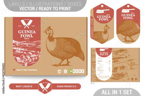 Guinea Fowl game meat packaging design set featuring detailed hand drawn illustrations, accents and informative labels. Perfect for farms, butchers, and supermarkets seeking a high-quality meat 