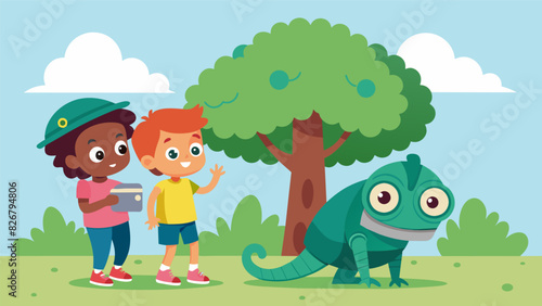 A group of kids playing a game of hide and seek with their robot chameleon marveling at its ability to blend into its surroundings.. Vector illustration