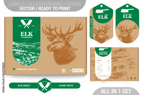 Elk game meat packaging design set featuring detailed hand drawn illustrations, accents and informative labels. Perfect for farms, butchers, and supermarkets seeking a high quality meat 