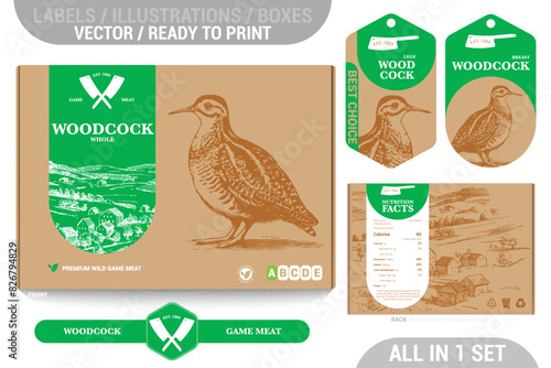 Woodcock game meat packaging design set featuring detailed hand drawn illustrations, accents and informative labels. Perfect for farms, butchers, and supermarkets seeking a high quality meat 